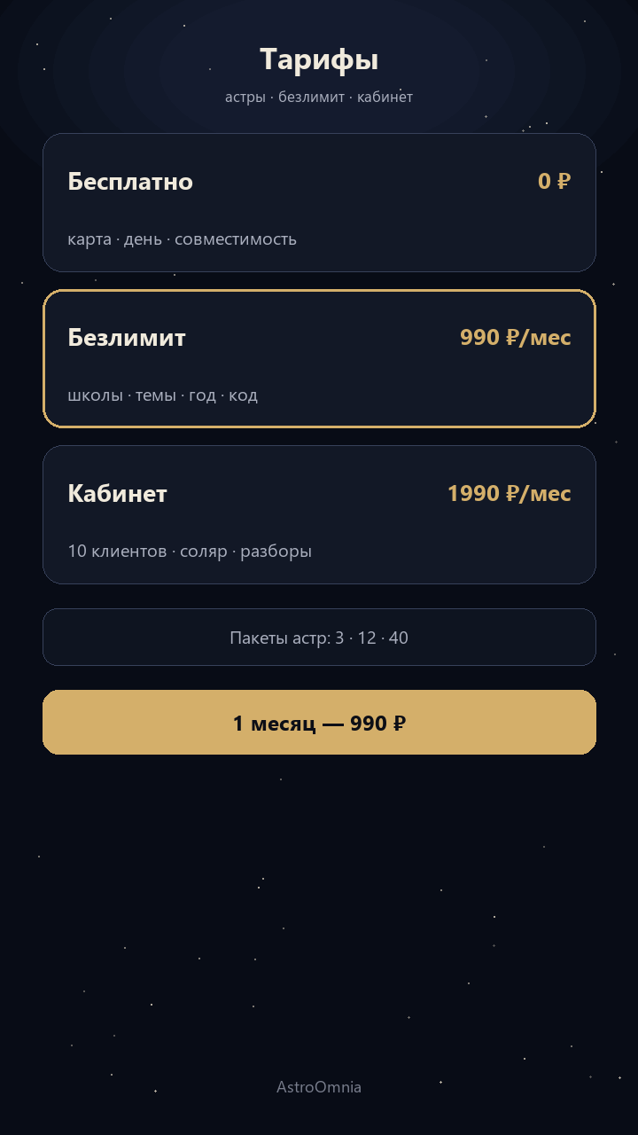 Тарифы AstroOmnia в кабинете